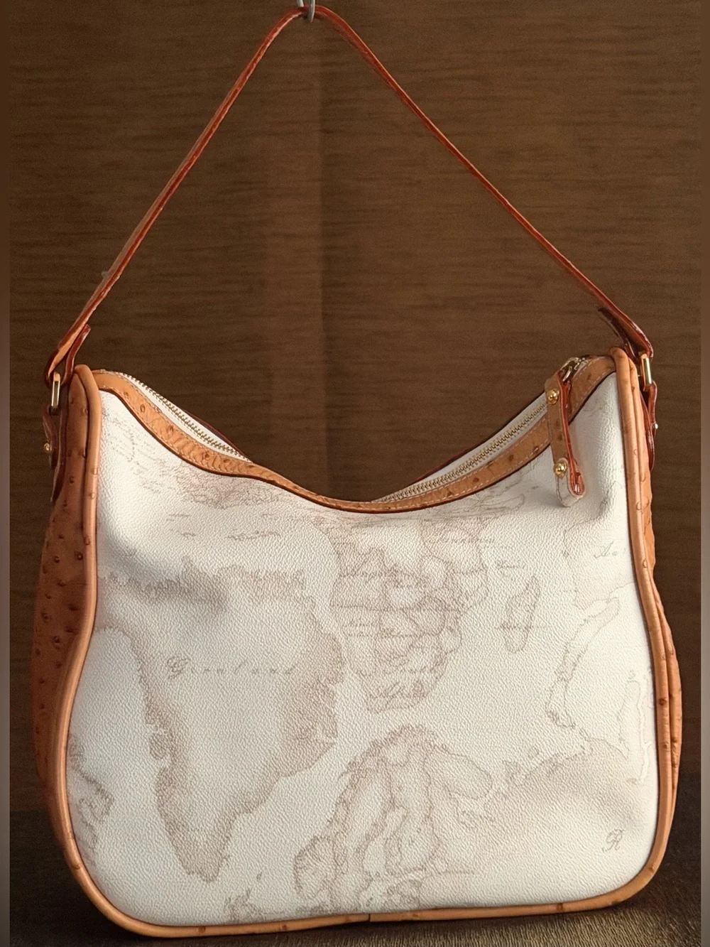 Alviero Martini 1a Classe Geo White Hobo Shoulder Bag Ostrich Trim Map Print